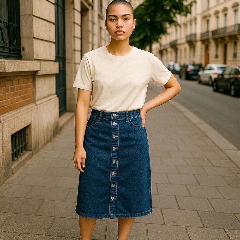Old Navy Women’s Size 8 Blue Denim High Rise Button MIDI Skirt Secret Pockets